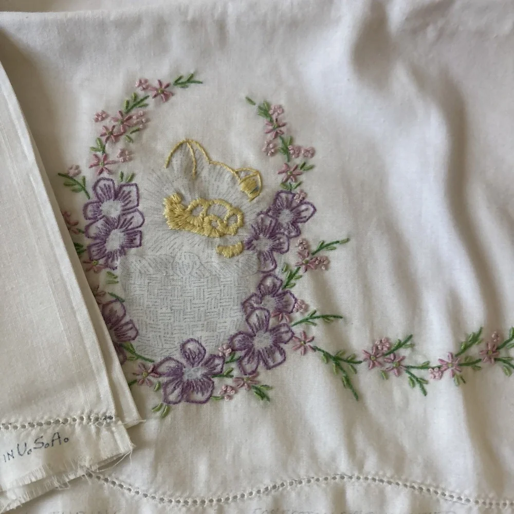 2 White Pillow Cases Embroidered Needle Cats In Baskets Pillowcases- Unfinished